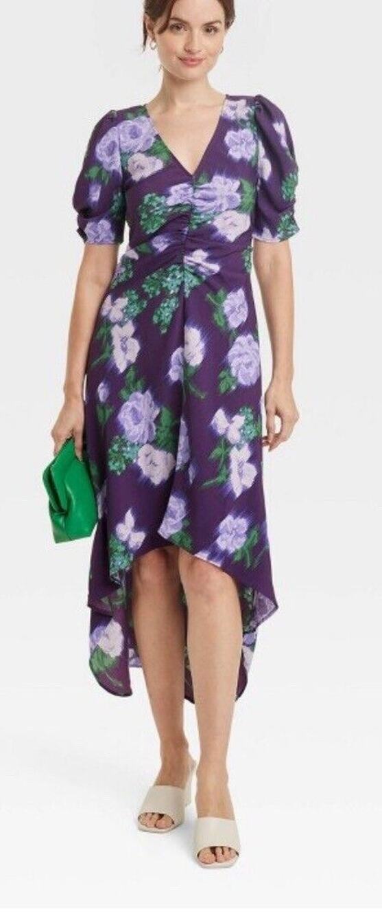 A New Day Crepe Short Sleeve Midi Dress  Navy Purple Floral Women's S New